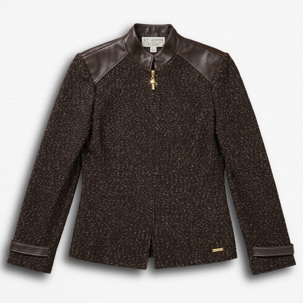 St. John Collection Marie Gray Brown Tweed Leather Trim Zip Knit Jacket Size 2